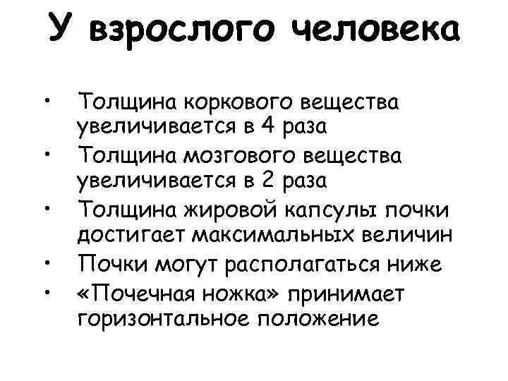 У взрослого человека • • • Толщина коркового вещества увеличивается в 4 раза Толщина