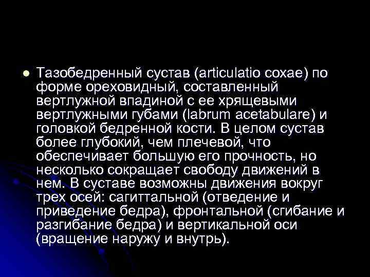 l Тазобедренный сустав (articulatio coxae) по форме ореховидный, составленный вертлужной впадиной с ее хрящевыми