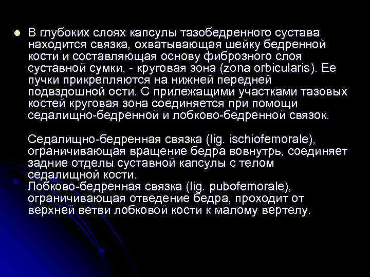 l В глубоких слоях капсулы тазобедренного сустава находится связка, охватывающая шейку бедренной кости и