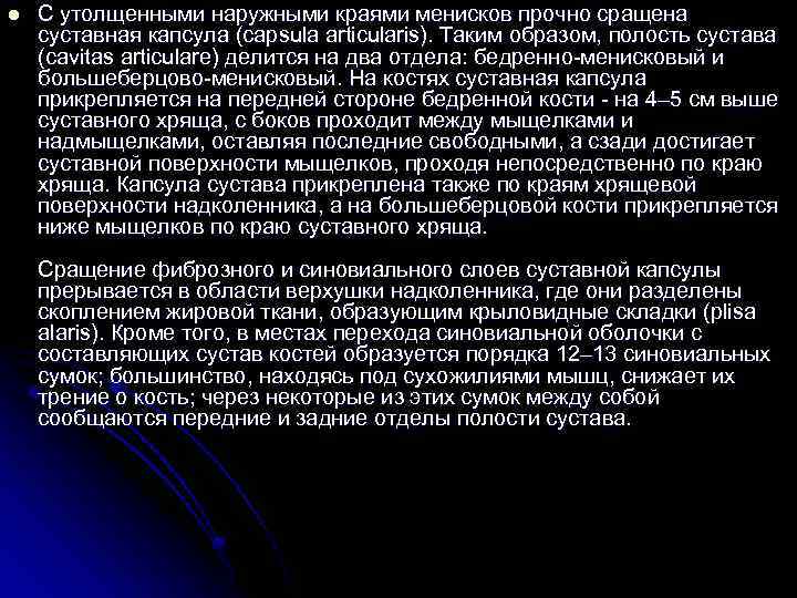 l С утолщенными наружными краями менисков прочно сращена суставная капсула (capsula articularis). Таким образом,