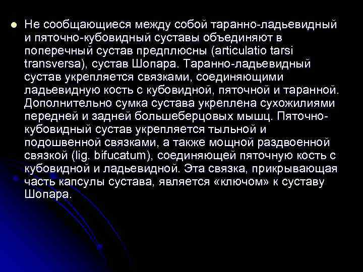 l Не сообщающиеся между собой таранно-ладьевидный и пяточно-кубовидный суставы объединяют в поперечный сустав предплюсны