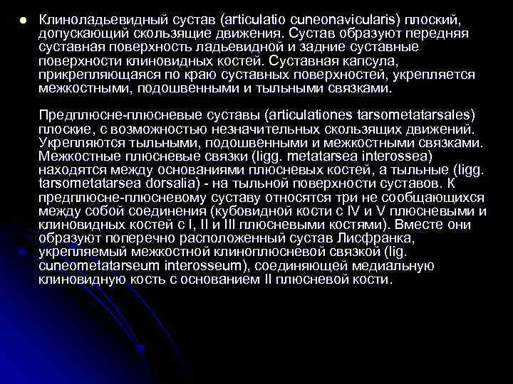 l Клиноладьевидный сустав (articulatio cuneonavicularis) плоский, допускающий скользящие движения. Сустав образуют передняя суставная поверхность