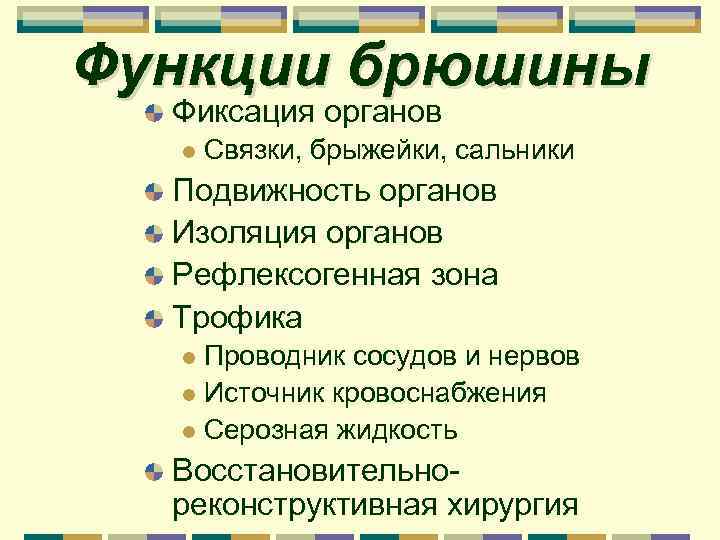 Функции брюшины Фиксация органов l Связки, брыжейки, сальники Подвижность органов Изоляция органов Рефлексогенная зона