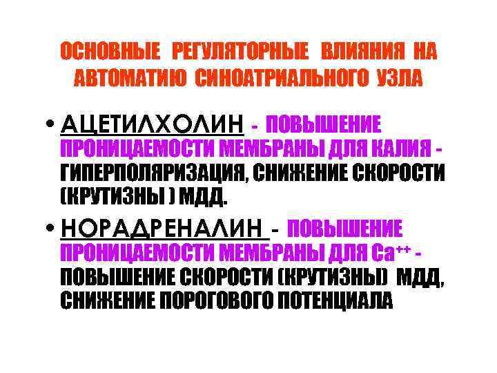 ОСНОВНЫЕ РЕГУЛЯТОРНЫЕ ВЛИЯНИЯ НА АВТОМАТИЮ СИНОАТРИАЛЬНОГО УЗЛА • АЦЕТИЛХОЛИН - ПОВЫШЕНИЕ ПРОНИЦАЕМОСТИ МЕМБРАНЫ ДЛЯ