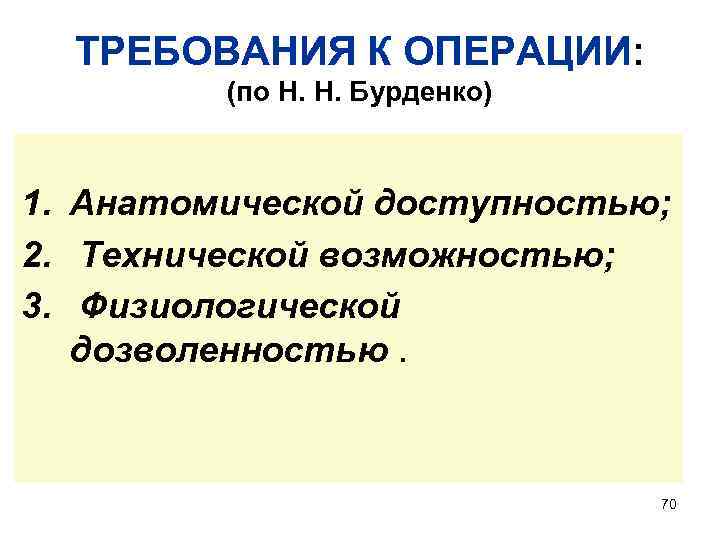 ТРЕБОВАНИЯ К ОПЕРАЦИИ: (по Н. Н. Бурденко) 1. Анатомической доступностью; 2. Технической возможностью; 3.