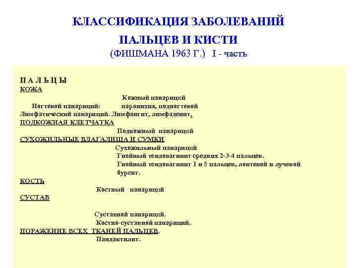 КЛАССИФИКАЦИЯ ЗАБОЛЕВАНИЙ ПАЛЬЦЕВ И КИСТИ (ФИШМАНА 1963 Г. ) I - часть ПАЛЬЦЫ КОЖА