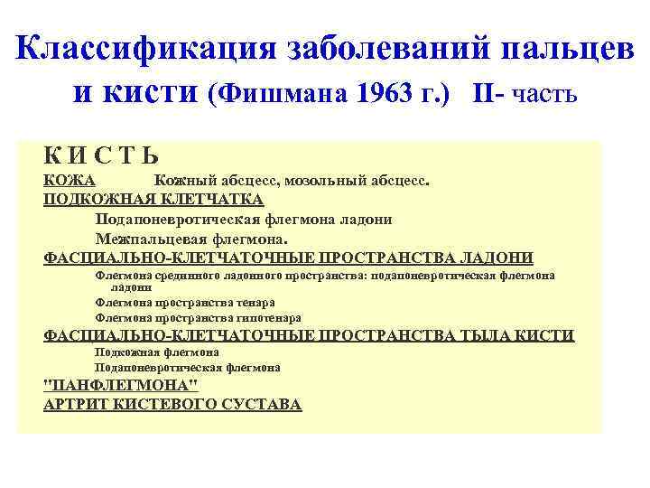 Классификация заболеваний пальцев и кисти (Фишмана 1963 г. ) II- часть КИСТЬ КОЖА Кожный