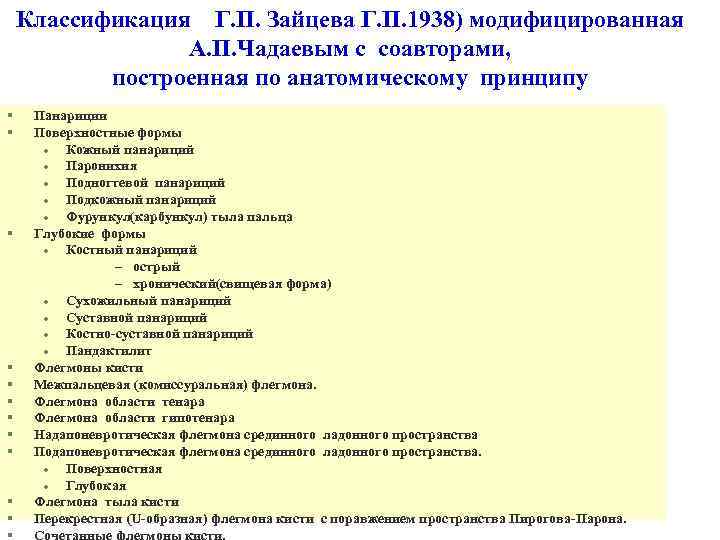 Классификация Г. П. Зайцева Г. П. 1938) модифицированная А. П. Чадаевым с соавторами, построенная