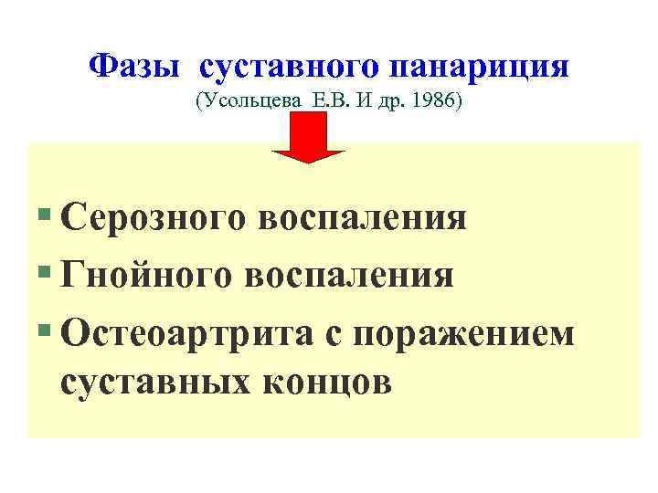 Фазы суставного панариция (Усольцева Е. В. И др. 1986) § Серозного воспаления § Гнойного