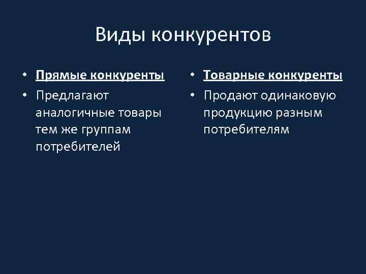 Виды конкурентов • Прямые конкуренты • Предлагают аналогичные товары тем же группам потребителей •