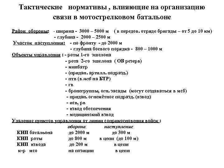 Тактические нормативы , влияющие на организацию связи в мотострелковом батальоне Район обороны: - ширина