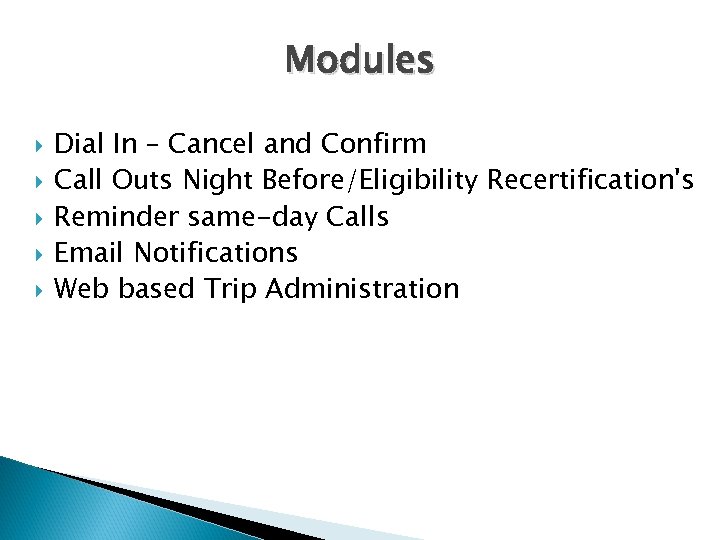 Modules Dial In – Cancel and Confirm Call Outs Night Before/Eligibility Recertification's Reminder same-day