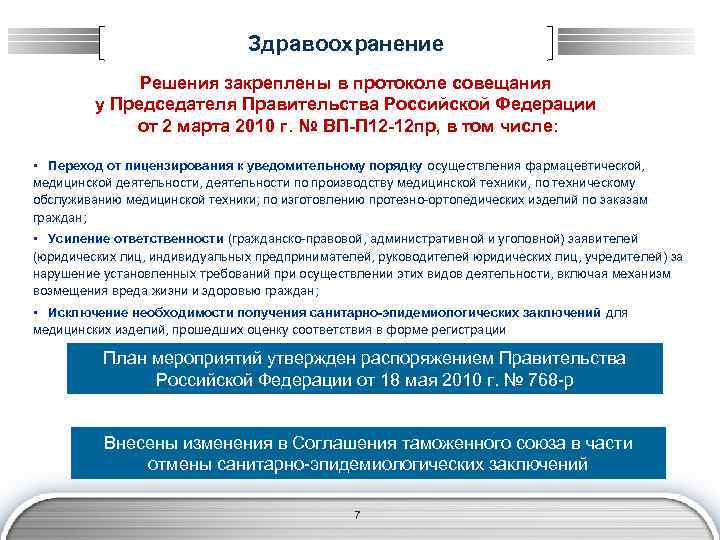 Здравоохранение Решения закреплены в протоколе совещания у Председателя Правительства Российской Федерации от 2 марта