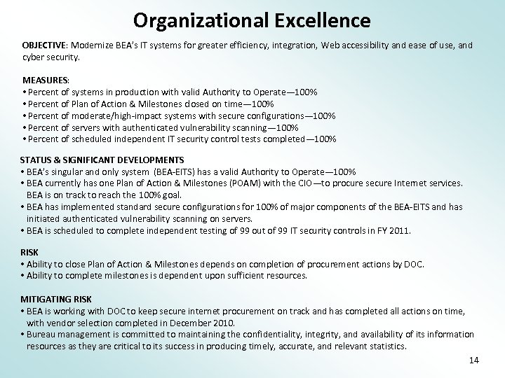 Organizational Excellence OBJECTIVE: Modernize BEA’s IT systems for greater efficiency, integration, Web accessibility and
