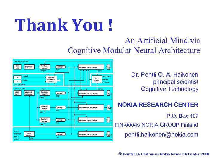 Thank You ! An Artificial Mind via Cognitive Modular Neural Architecture Dr. Pentti O.