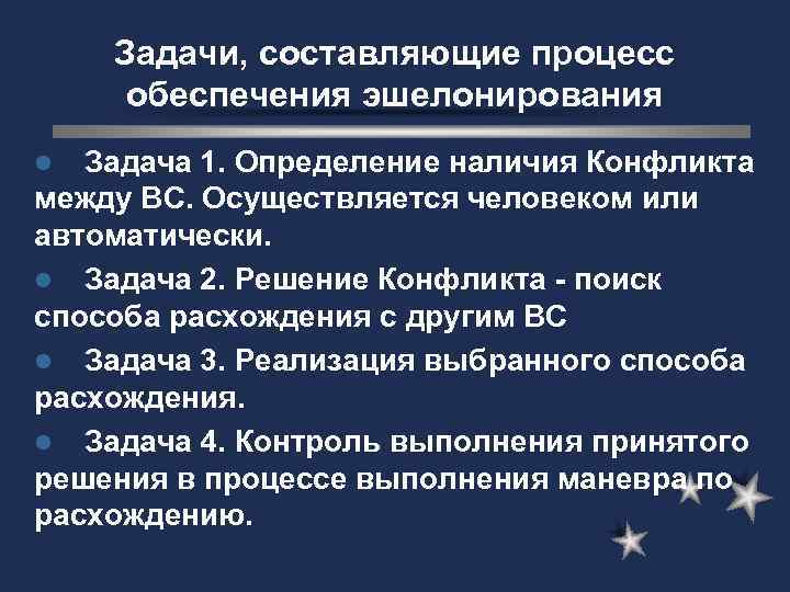 Задачи, составляющие процесс обеспечения эшелонирования Задача 1. Определение наличия Конфликта между ВС. Осуществляется человеком