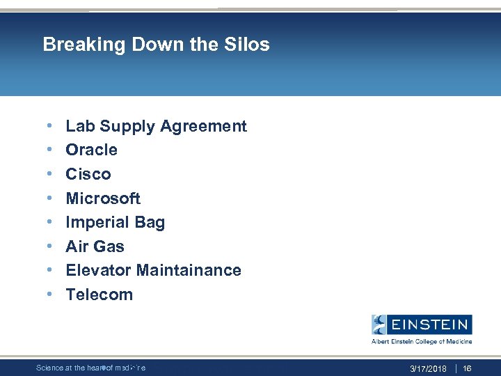 Breaking Down the Silos • • Lab Supply Agreement Oracle Cisco Microsoft Imperial Bag