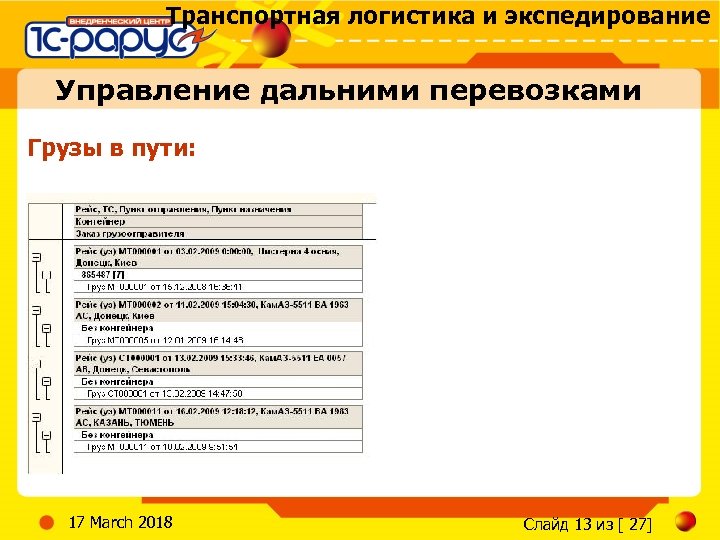 Транспортная логистика и экспедирование Управление дальними перевозками Грузы в пути: 17 March 2018 Слайд