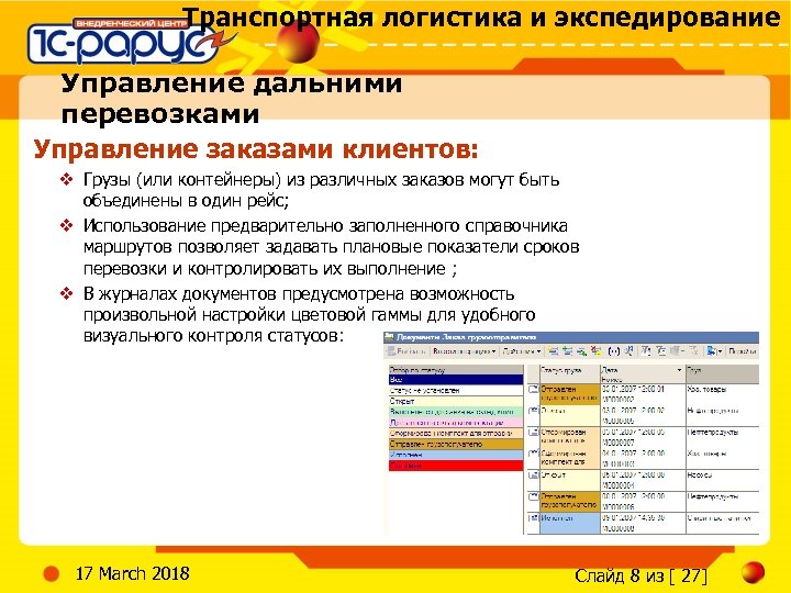 Транспортная логистика и экспедирование Управление дальними перевозками Управление заказами клиентов: v Грузы (или контейнеры)