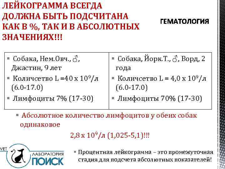 ЛЕЙКОГРАММА ВСЕГДА ДОЛЖНА БЫТЬ ПОДСЧИТАНА КАК В %, ТАК И В АБСОЛЮТНЫХ ЗНАЧЕНИЯХ!!! §
