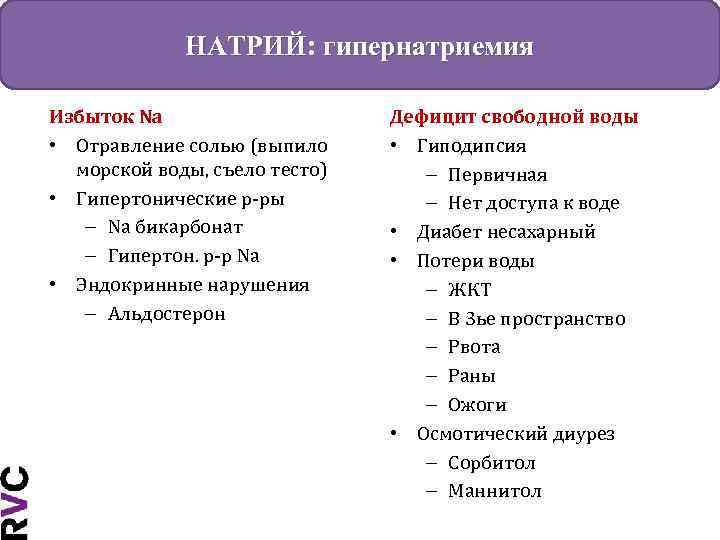 НАТРИЙ: гипернатриемия Избыток Na • Отравление солью (выпило морской воды, съело тесто) • Гипертонические