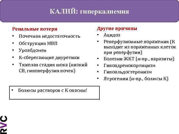 КАЛИЙ: гиперкалиемия Ренальные потери • Почечная недостаточность • Обструкция МВП • Уроабдомен • К-сберегающие