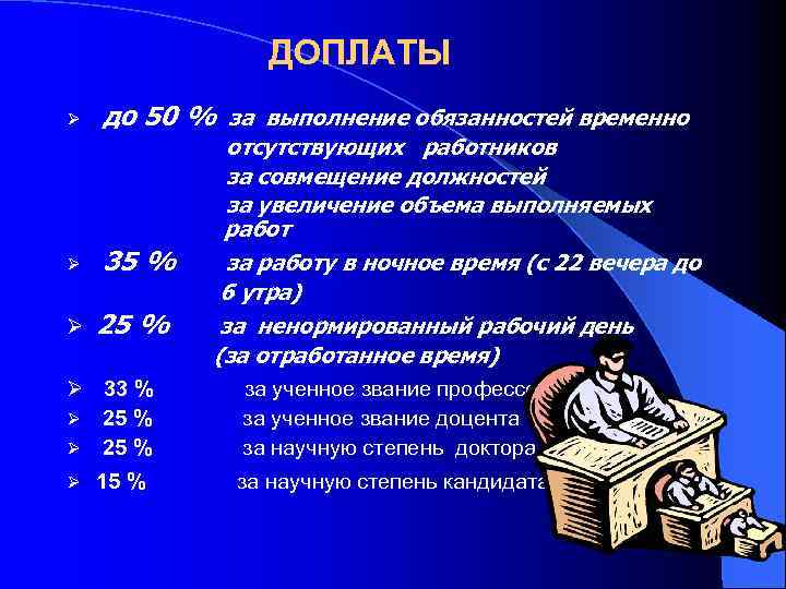 Доплата за ночное время. Доплата за исполнение. Увеличение объема выполняемых работ. Доплата за срочность. Выполнение обязанностей.