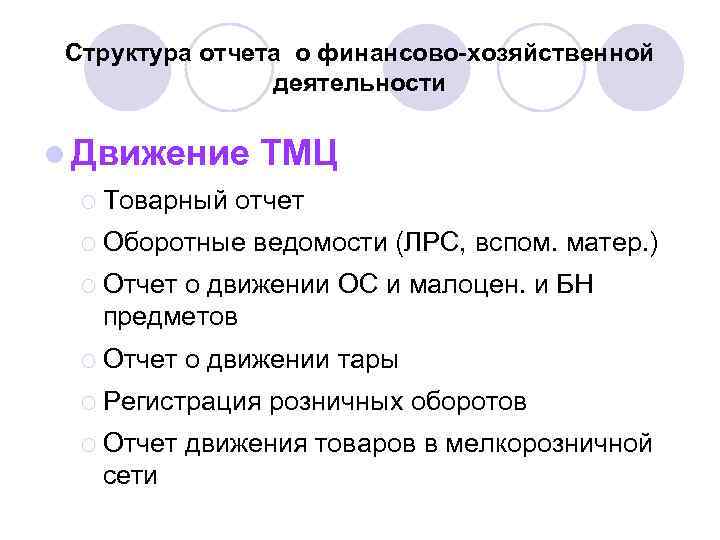 Структура отчета о финансово-хозяйственной деятельности l Движение ¡ Товарный ТМЦ отчет ¡ Оборотные ведомости