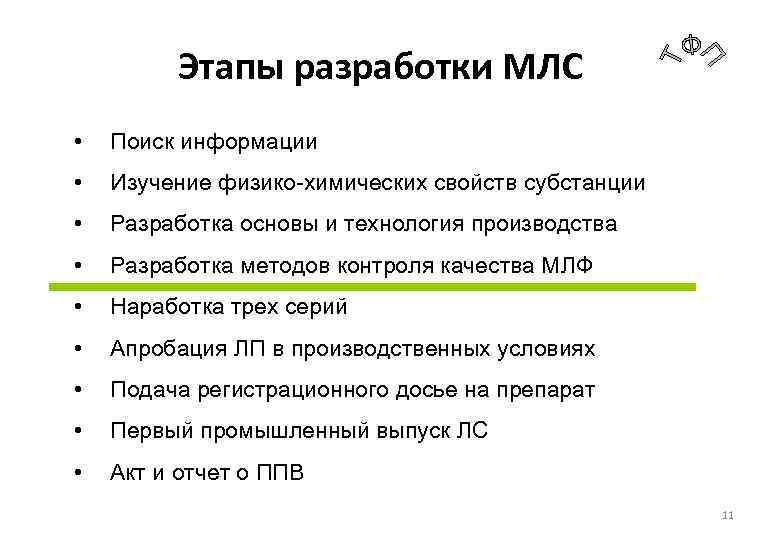 Этапы разработки МЛС • Поиск информации • Изучение физико-химических свойств субстанции • Разработка основы