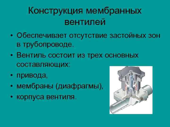 Конструкция мембранных вентилей • Обеспечивает отсутствие застойных зон в трубопроводе. • Вентиль состоит из