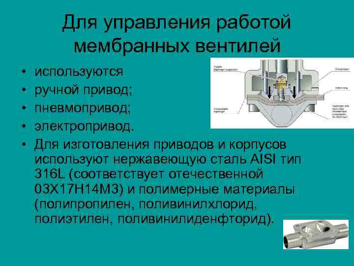 Для управления работой мембранных вентилей • • • используются ручной привод; пневмопривод; электропривод. Для