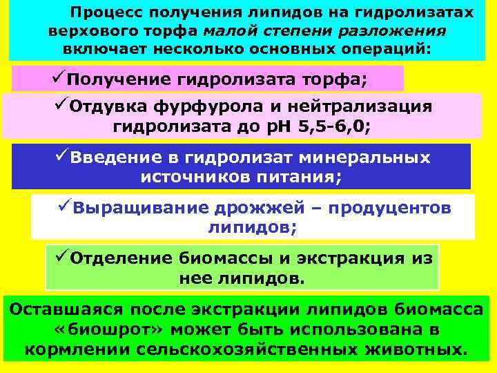 Процесс получения липидов на гидролизатах верхового торфа малой степени разложения включает несколько основных операций: