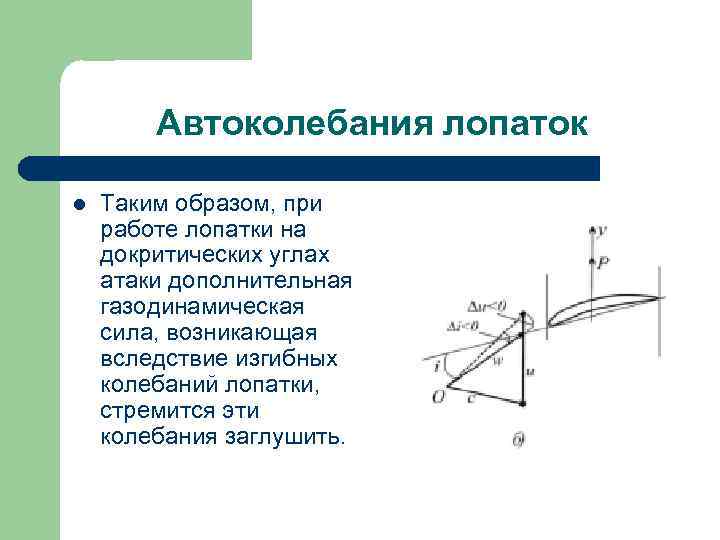Автоколебания лопаток l Таким образом, при работе лопатки на докритических углах атаки дополнительная газодинамическая