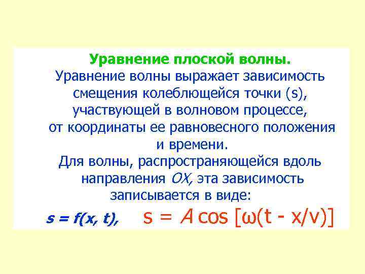 Уравнение плоской волны. Уравнение волны выражает зависимость смещения колеблющейся точки (s), участвующей в волновом