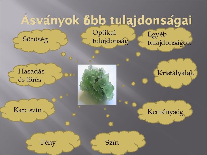 Ásványok őbb tulajdonságai f Sűrűség Optikai tulajdonság Hasadás és törés Kristályalak Karc szín Fény