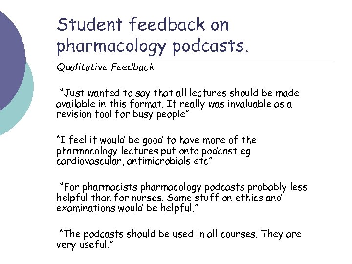 Student feedback on pharmacology podcasts. Qualitative Feedback “Just wanted to say that all lectures