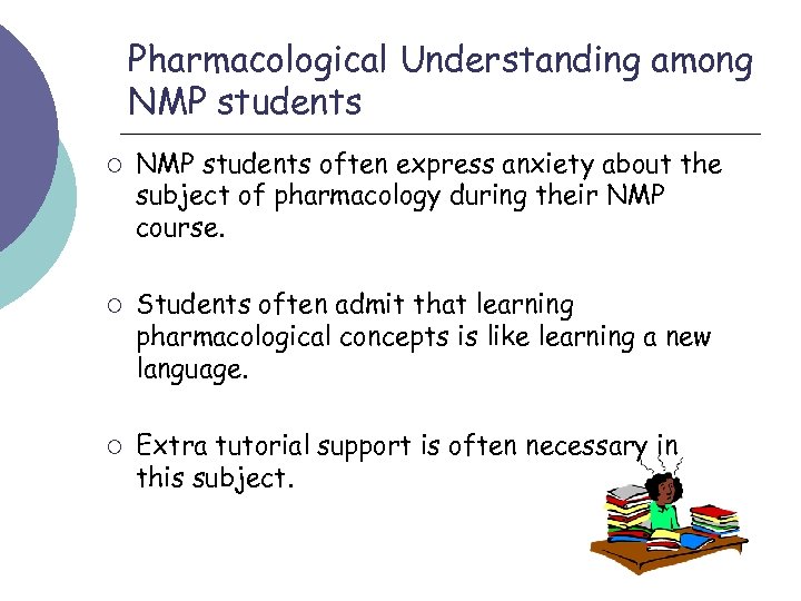 Pharmacological Understanding among NMP students ¡ ¡ ¡ NMP students often express anxiety about
