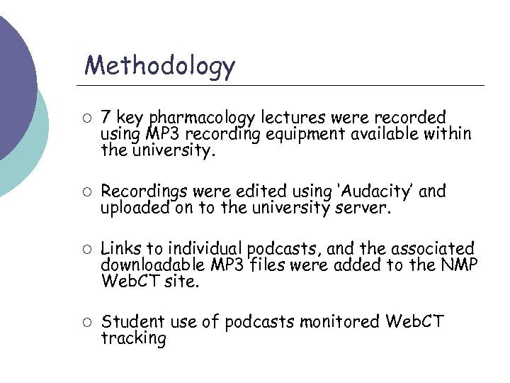 Methodology ¡ ¡ 7 key pharmacology lectures were recorded using MP 3 recording equipment