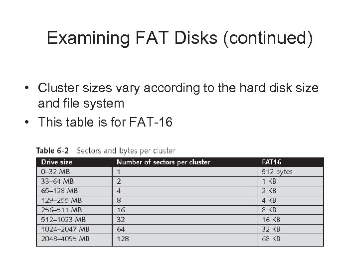 Examining FAT Disks (continued) • Cluster sizes vary according to the hard disk size