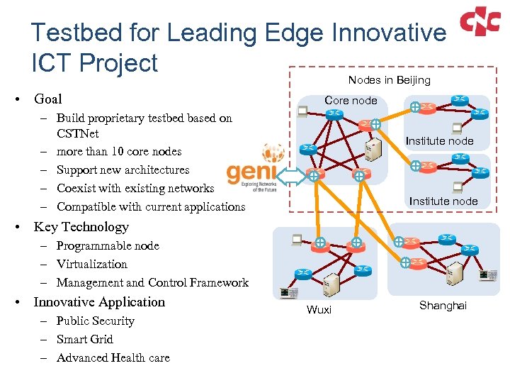 Testbed for Leading Edge Innovative ICT Project Nodes in Beijing • Goal Core node