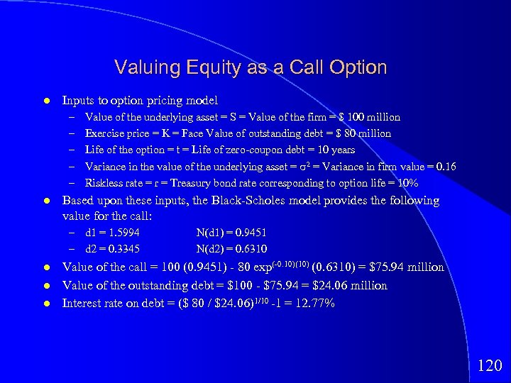 Valuing Equity as a Call Option Inputs to option pricing model – – –