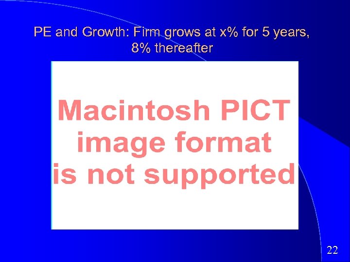 PE and Growth: Firm grows at x% for 5 years, 8% thereafter 22 