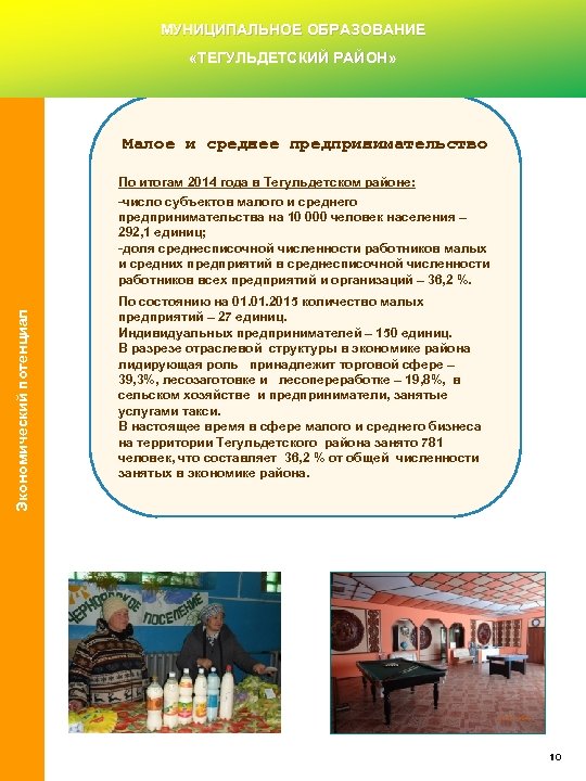 МУНИЦИПАЛЬНОЕ ОБРАЗОВАНИЕ «ТЕГУЛЬДЕТСКИЙ РАЙОН» Малое и среднее предпринимательство Экономический потенциал По итогам 2014 года