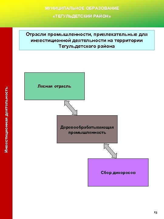 МУНИЦИПАЛЬНОЕ ОБРАЗОВАНИЕ «ТЕГУЛЬДЕТСКИЙ РАЙОН» Инвестиционная деятельность Отрасли промышленности, привлекательные для инвестиционной деятельности на территории