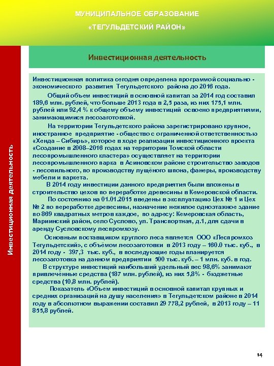 МУНИЦИПАЛЬНОЕ ОБРАЗОВАНИЕ «ТЕГУЛЬДЕТСКИЙ РАЙОН» Инвестиционная деятельность Инвестиционная политика сегодня определена программой социально - экономического