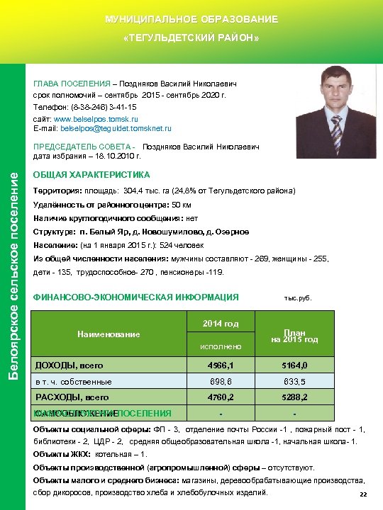 МУНИЦИПАЛЬНОЕ ОБРАЗОВАНИЕ «ТЕГУЛЬДЕТСКИЙ РАЙОН» Белоярское сельское поселение основано в 2006 году ГЛАВА ПОСЕЛЕНИЯ –