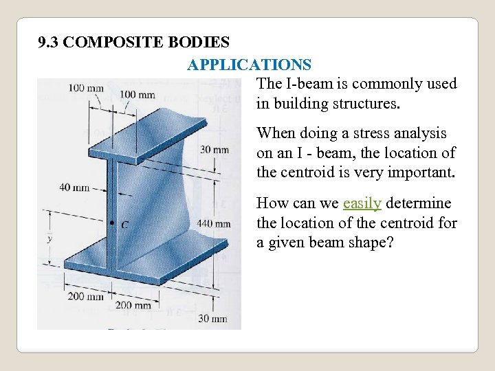 9. 3 COMPOSITE BODIES APPLICATIONS The I-beam is commonly used in building structures. When