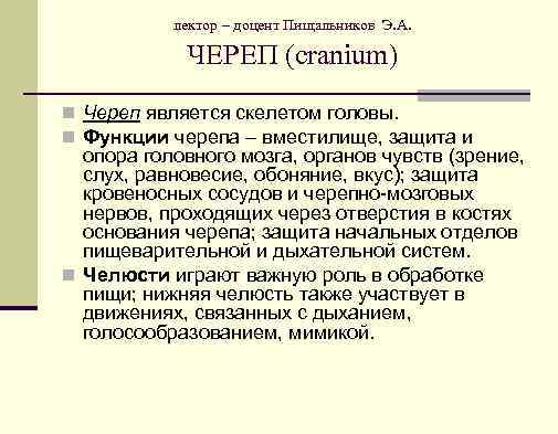 лектор – доцент Пищальников Э. А. ЧЕРЕП (cranium) n Череп является скелетом головы. n