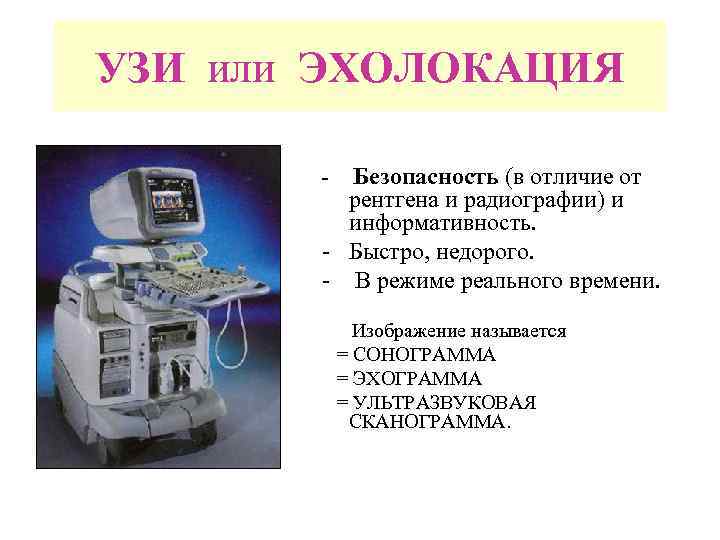 УЗИ или ЭХОЛОКАЦИЯ Безопасность (в отличие от рентгена и радиографии) и информативность. - Быстро,