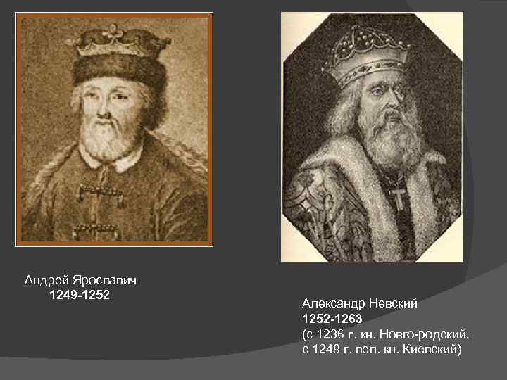 Андрей Ярославич 1249 -1252 Александр Невский 1252 -1263 (с 1236 г. кн. Новго родский,